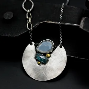 Sterling silver circle shape pendant necklace with blue kyanite and white moonstone on sterling silver chain