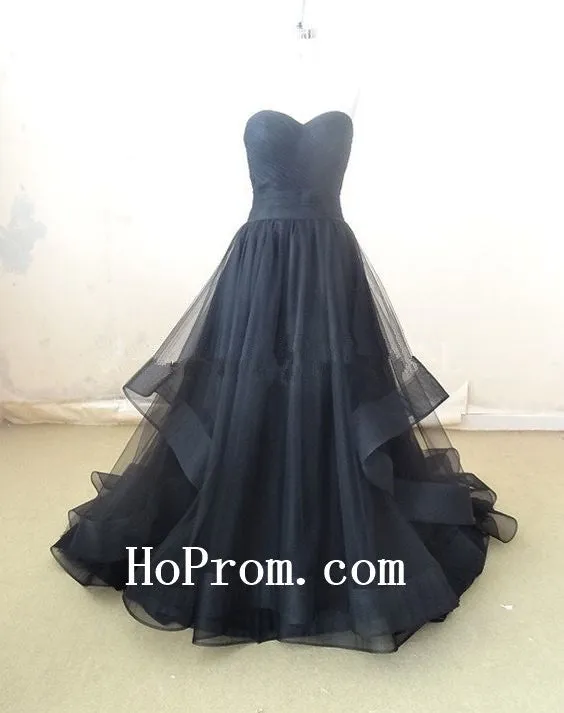 Strapless Black Prom Dresses,Long Prom Dress,Tulle Evening Dresses