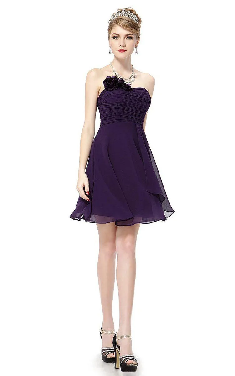 Strapless Mini Chiffon Dress With Flower Detail-310479