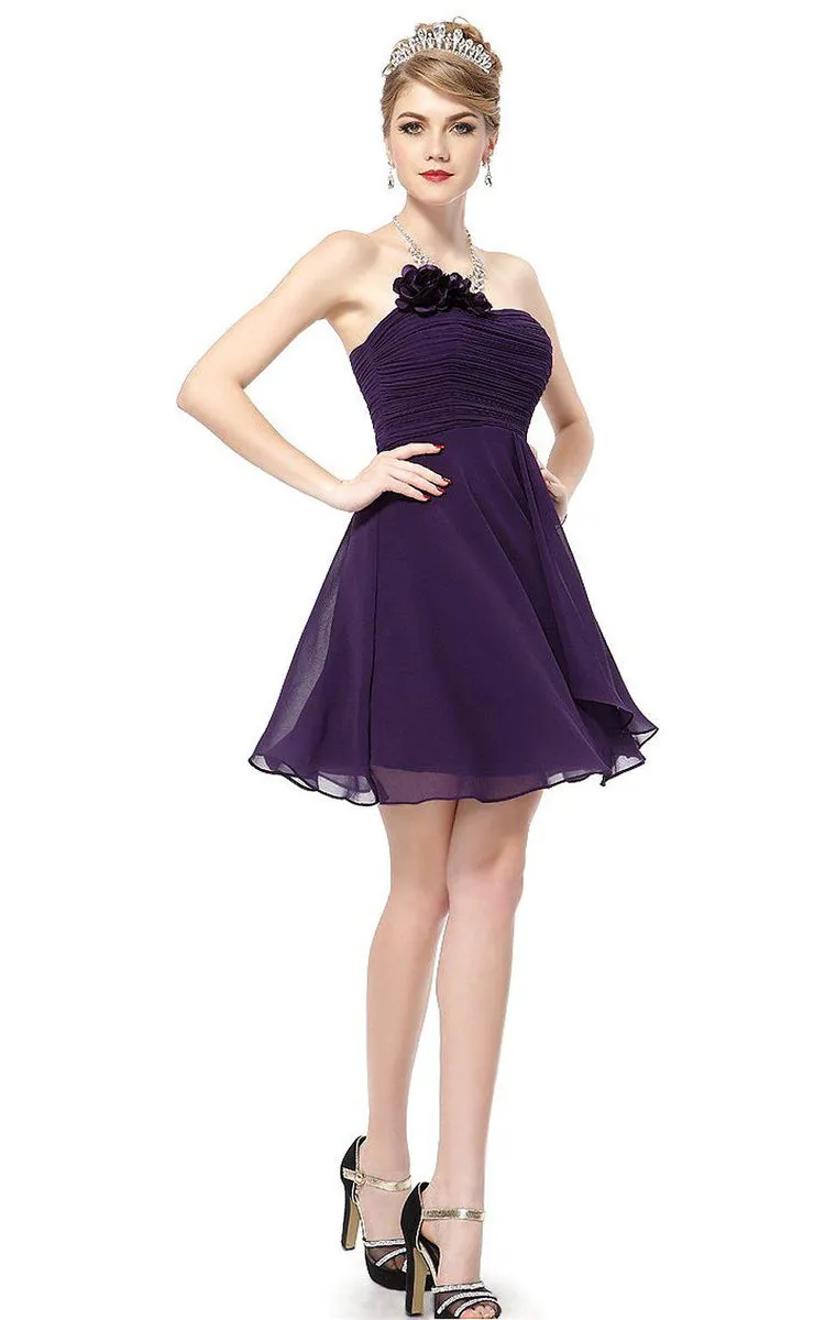 Strapless Mini Chiffon Dress With Flower Detail-310479