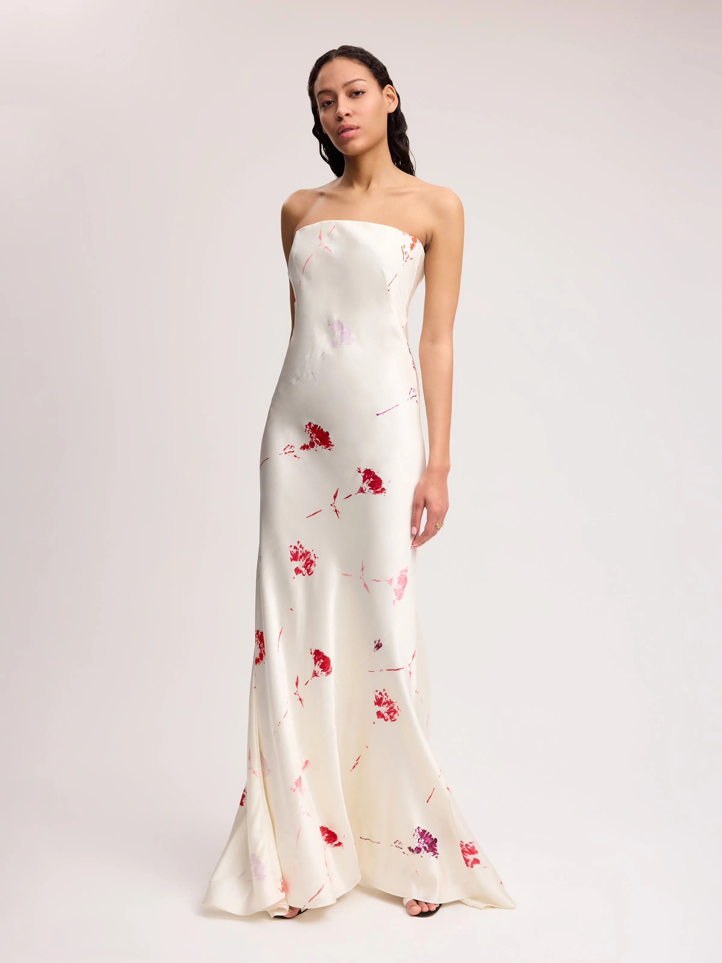 Strapless Silk Maxi Gown in Red Flower Print