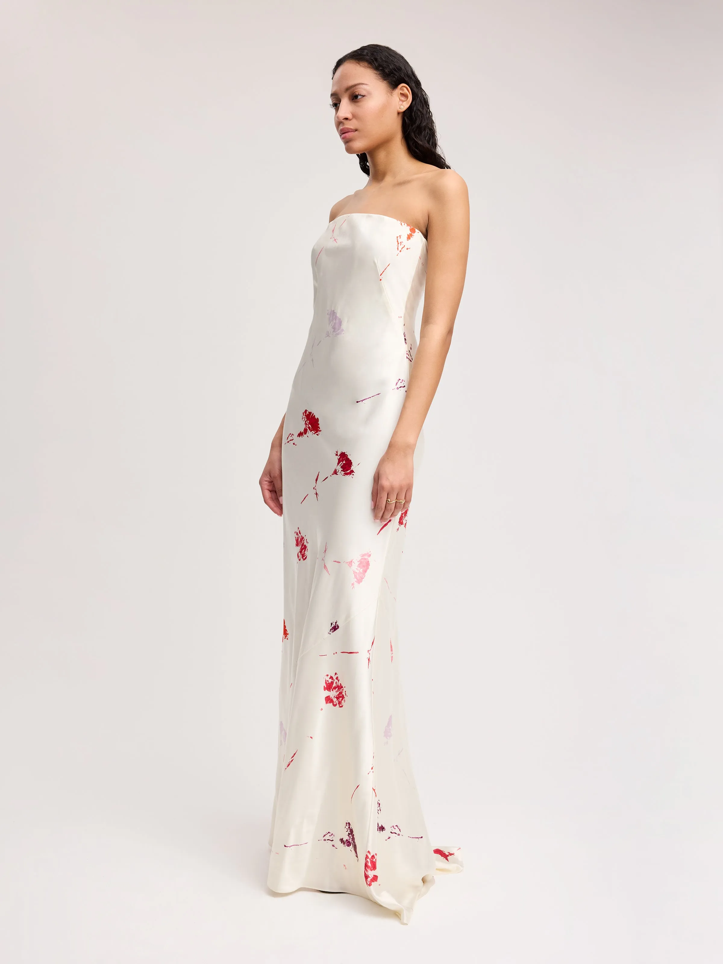 Strapless Silk Maxi Gown in Red Flower Print