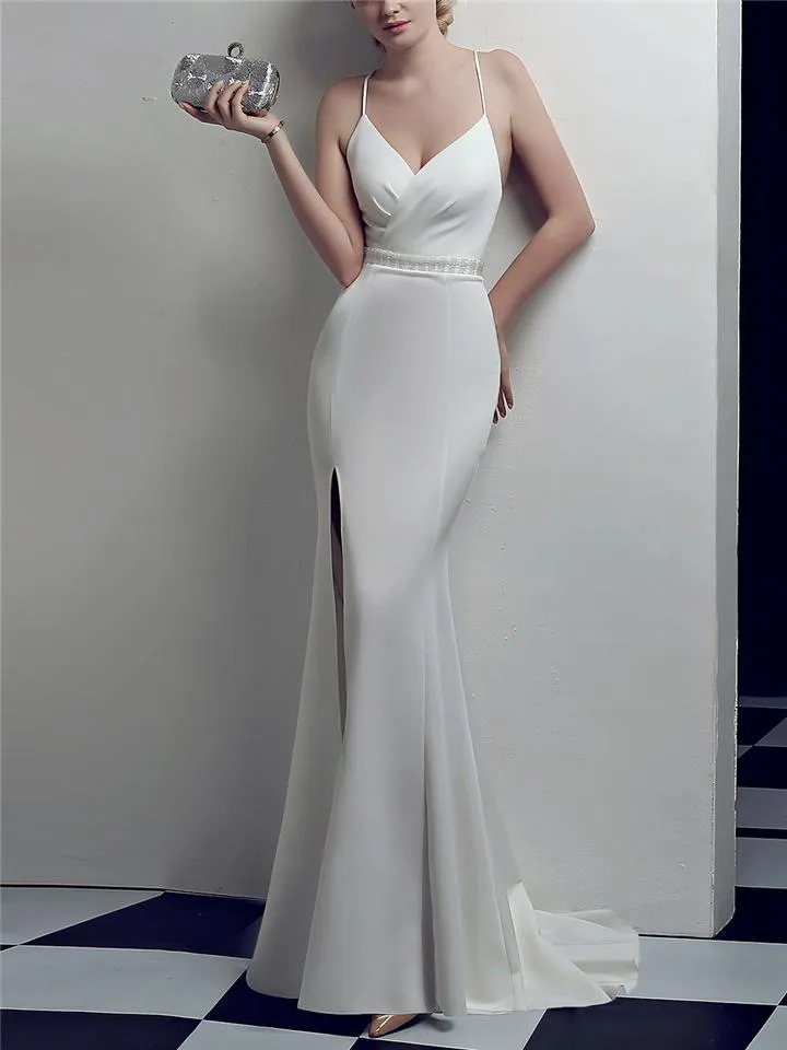 Stunning Wrap Neck Backless Sweep Train Strappy Dress for Evening Party