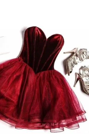 Sweetheart Velvet Burgundy Homecoming Gown with Tulle Skirt
