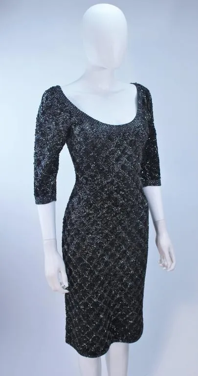 SYDNEY'S Circa 1960s Black Beaded Metallic Cocktail Dress 4-6