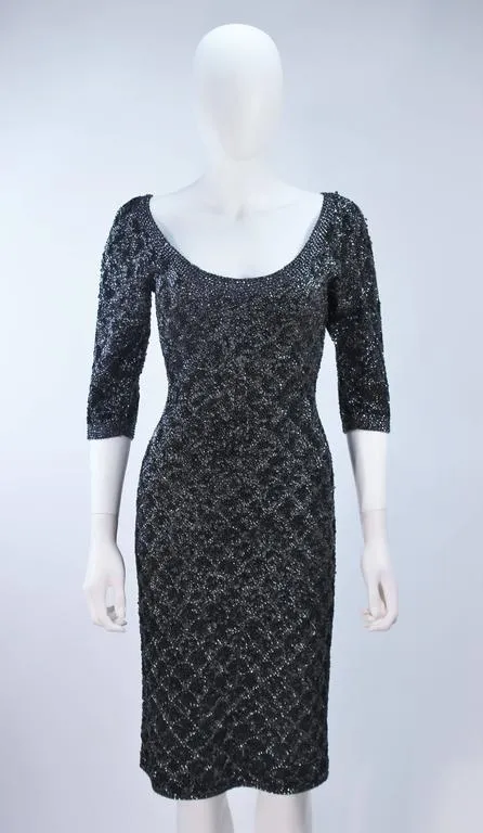 SYDNEY'S Circa 1960s Black Beaded Metallic Cocktail Dress 4-6