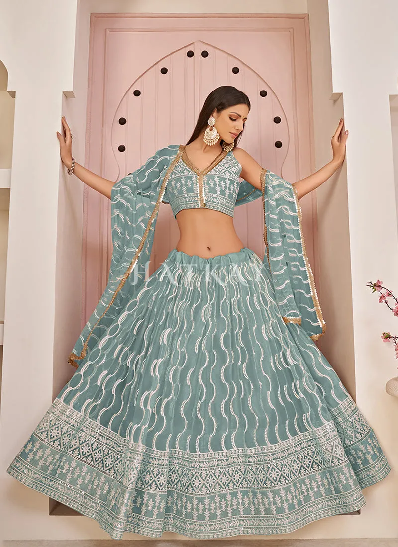 Teal Blue Embroidered Lehenga Choli