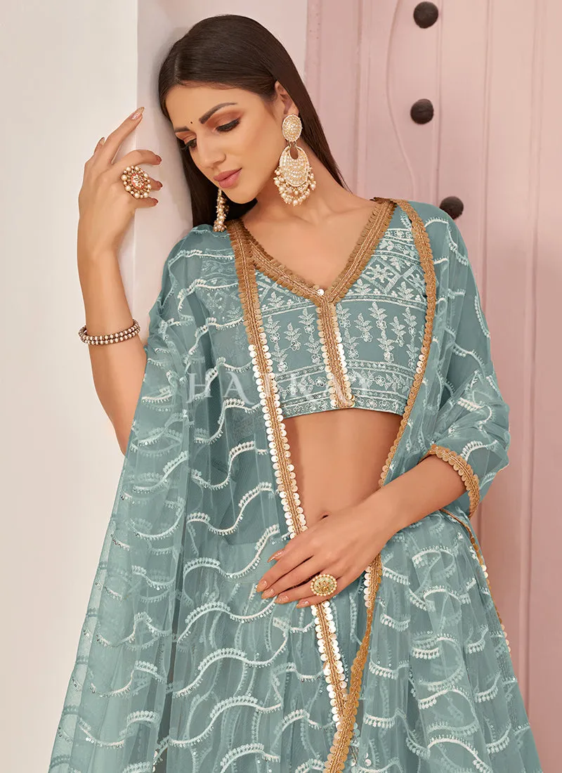 Teal Blue Embroidered Lehenga Choli