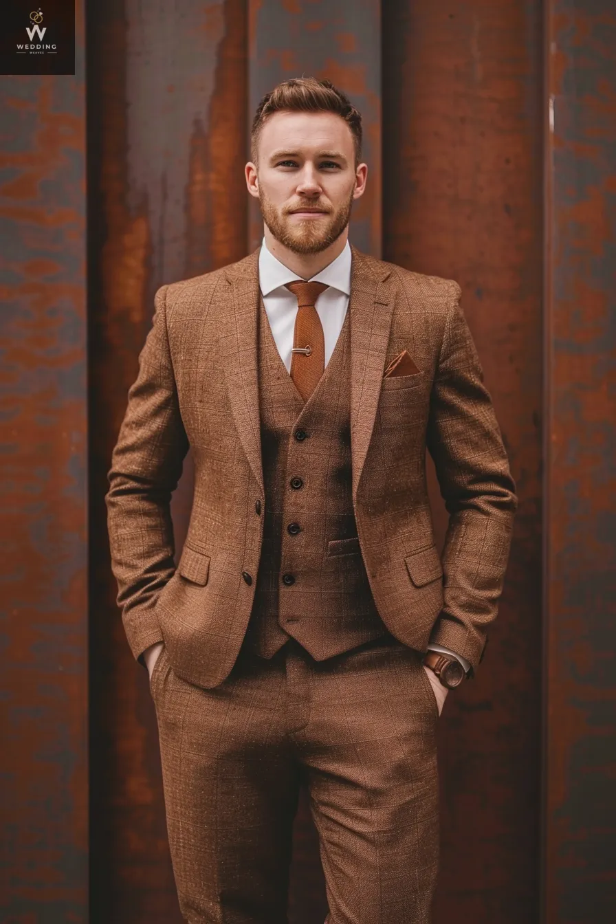 Three-Piece Brown Suit for Men - Bespoke Wedding Suit, Custom Tailored Wedding Attire