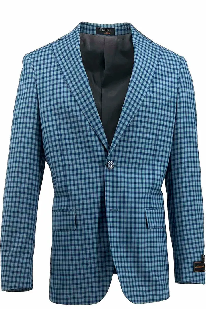 Tiglio Luxe Cerulean and Navy Check Dolcetto Modern Fit, Pure Wool Jacket TL2615