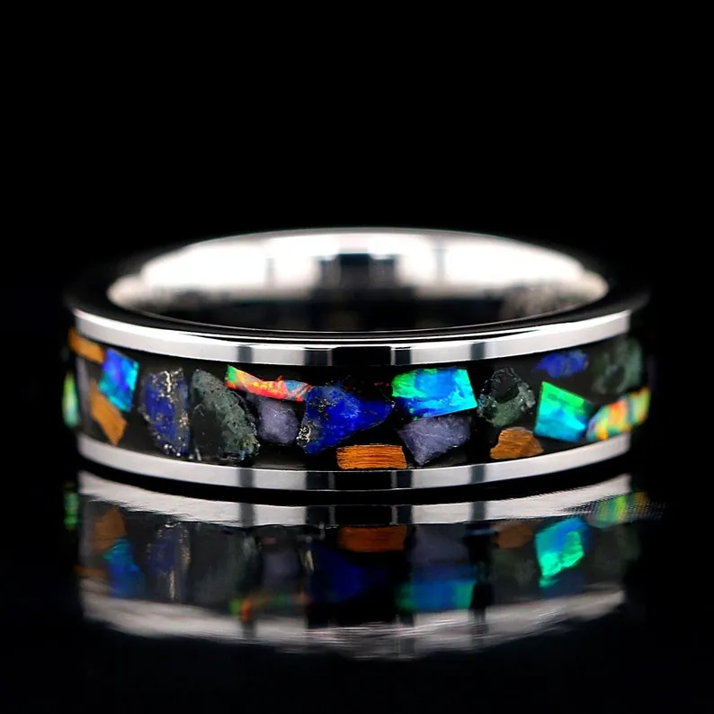Treasures of the Earth - Cool Unisex Wedding Bands | Tungsten Bands for Men’s Wedding | Unique Women's Wedding Band | Turquoise, Marble, Tiger Eye, Opal, Tungsten Band