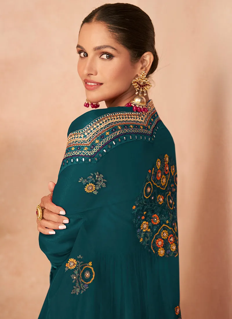 Turquoise Multi Embroidery Traditional Gharara Style Suit
