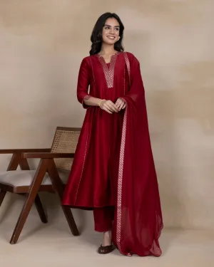 Tvisha - Maroon Chanderi Silk Ready To Wear Kurta Set With Pant and Dupatta