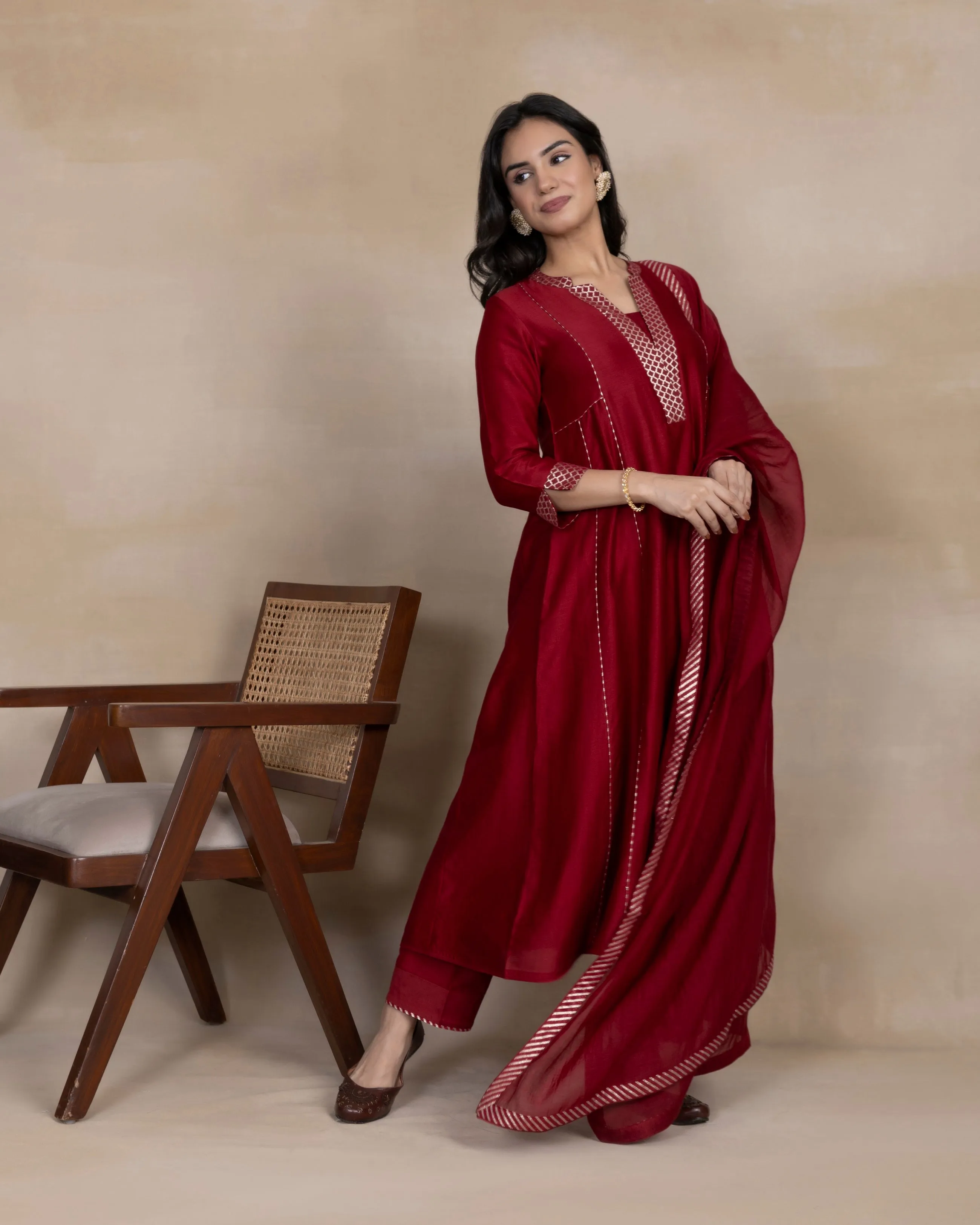 Tvisha - Maroon Chanderi Silk Ready To Wear Kurta Set With Pant and Dupatta
