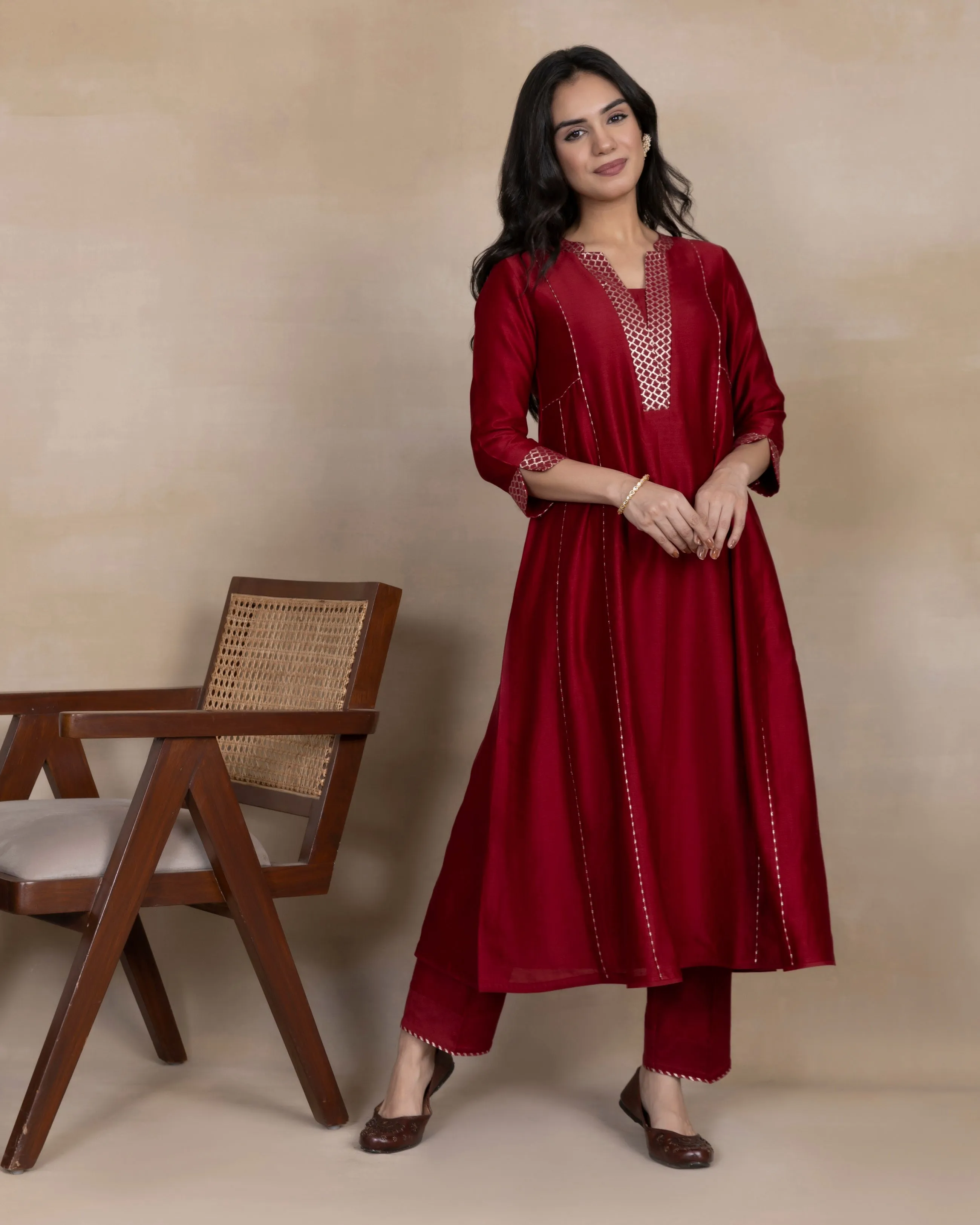 Tvisha - Maroon Chanderi Silk Ready To Wear Kurta Set With Pant and Dupatta