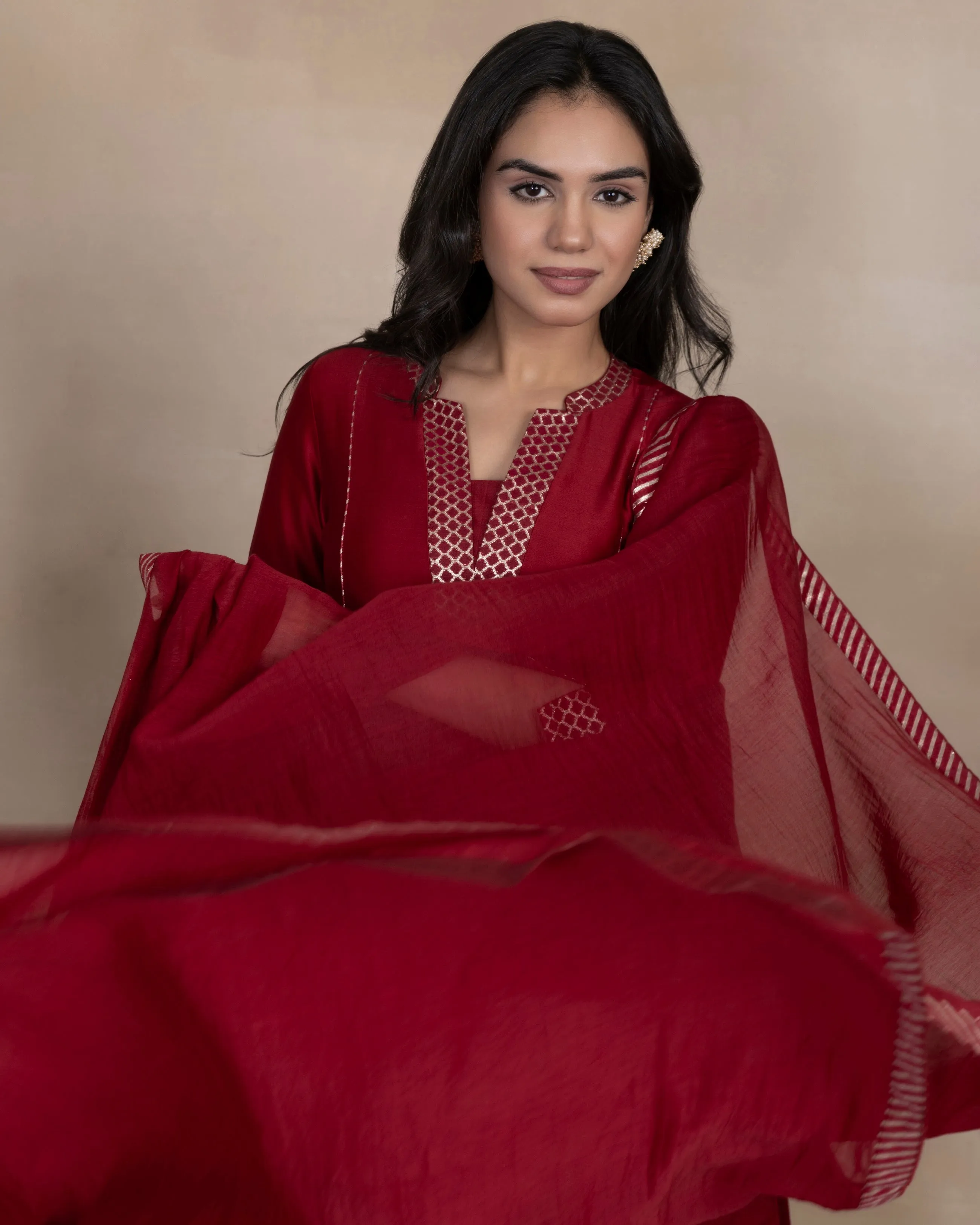 Tvisha - Maroon Chanderi Silk Ready To Wear Kurta Set With Pant and Dupatta