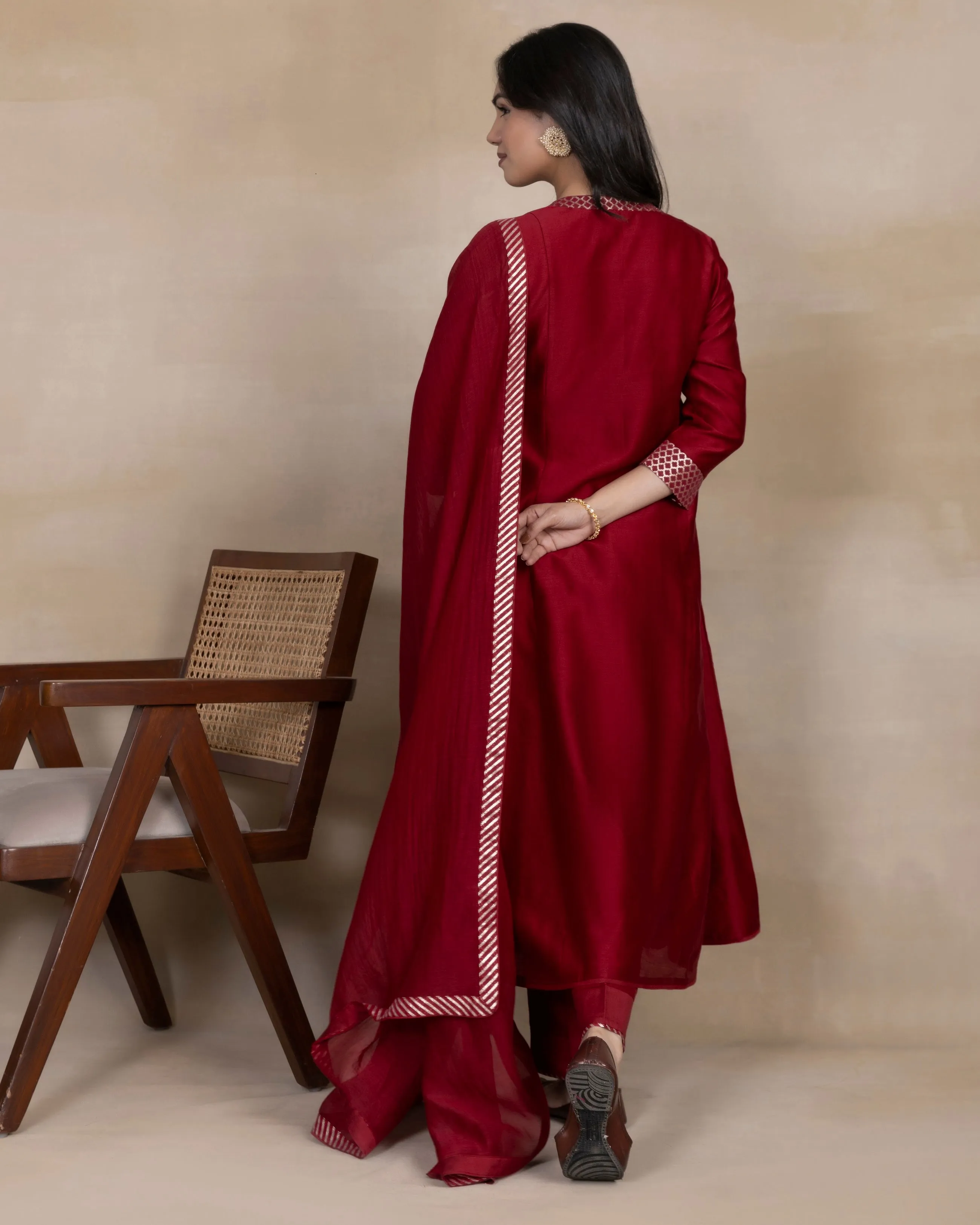 Tvisha - Maroon Chanderi Silk Ready To Wear Kurta Set With Pant and Dupatta