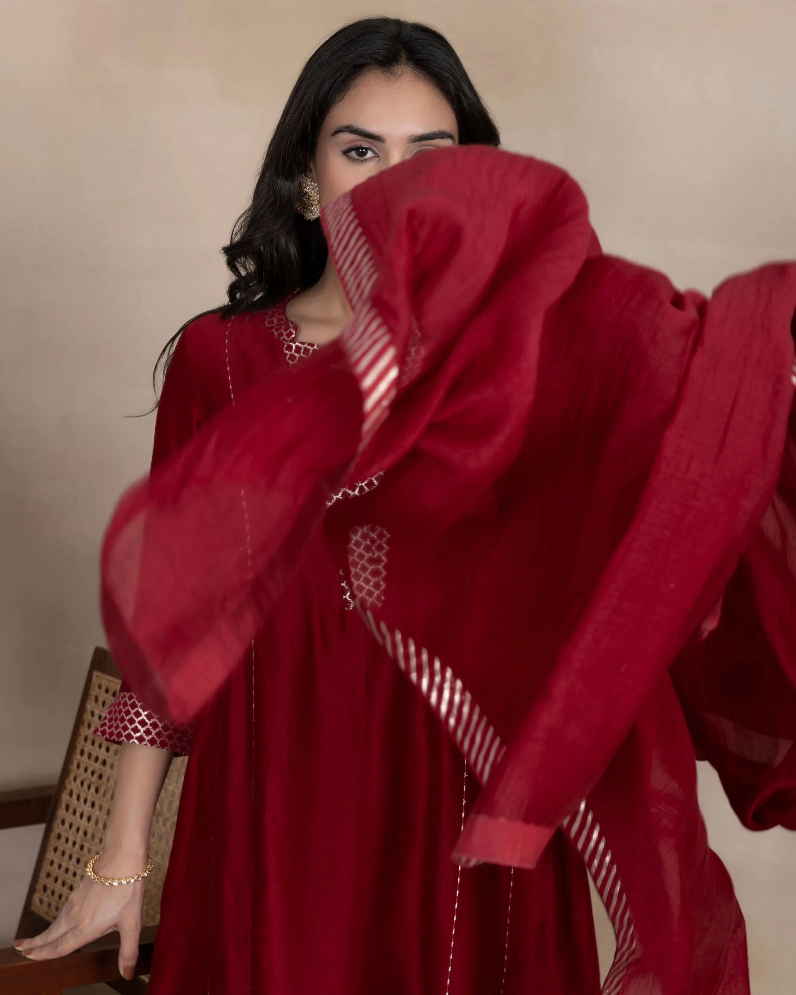 Tvisha - Maroon Chanderi Silk Ready To Wear Kurta Set With Pant and Dupatta