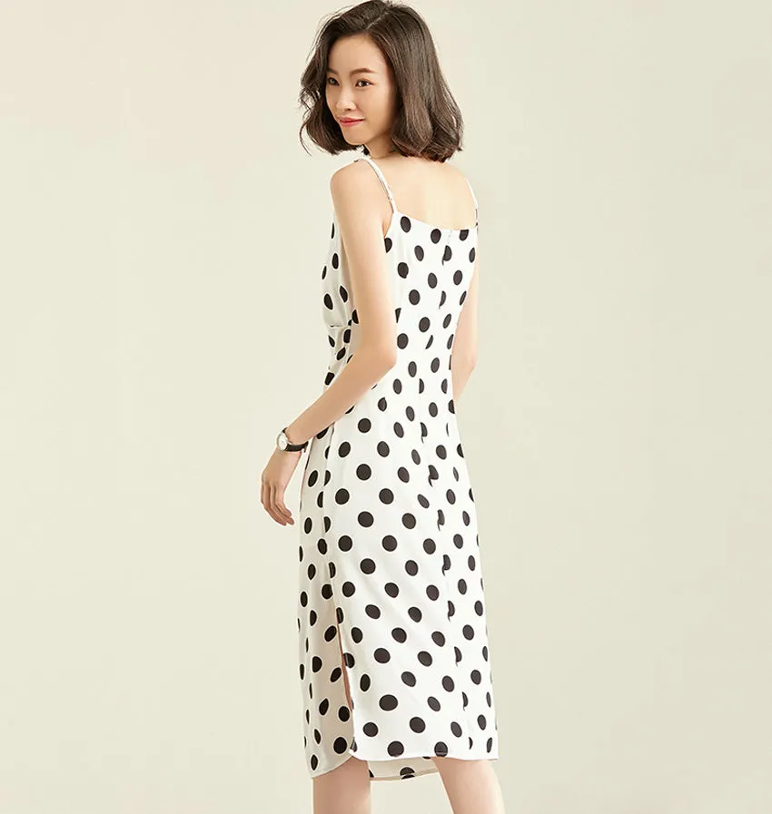 TWO PEARS-Spaghetti Strap Dot Print Side Draped Dress
