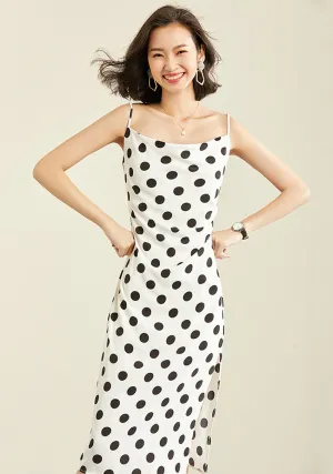 TWO PEARS-Spaghetti Strap Dot Print Side Draped Dress