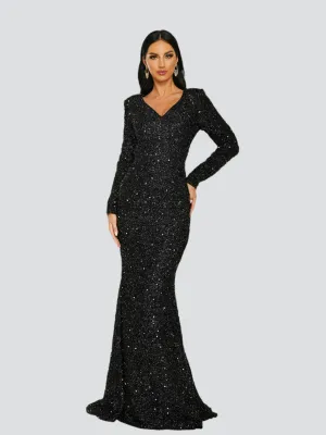 V-Neck Mermaid Long Sleeve Backless Evening Dress RH30569