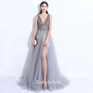 V-Neck Prom Dress, Tulle Prom Dress, Beading Prom Dress, A-Line Prom Dress, Split Prom Dress, V-Back Prom Dress, DA906