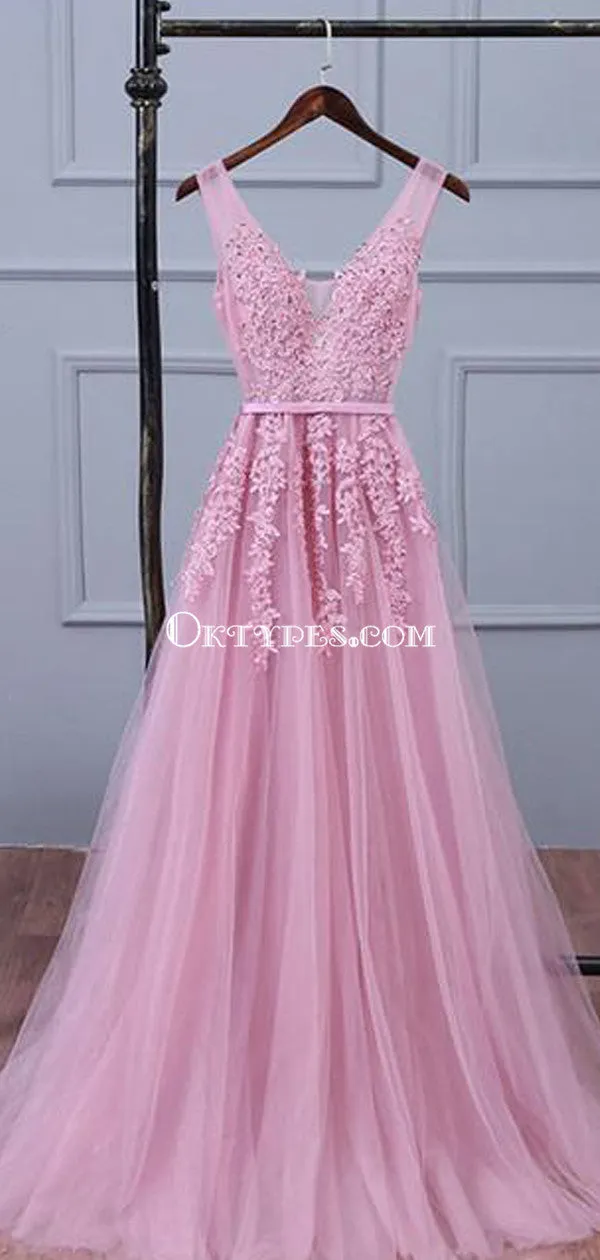 V Neckline Pink Lace Evening Prom Dresses, Popular Lace Party Prom Dresses, PDS0094