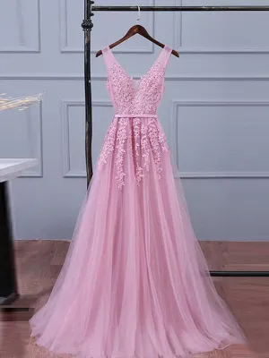 V Neckline Pink Lace Evening Prom Dresses, Popular Lace Party Prom Dresses, PDS0094