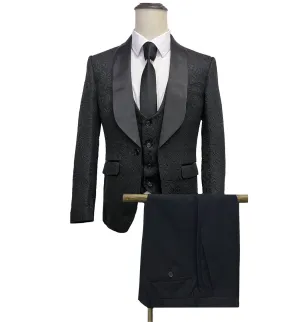 Vinci Vested Slim Fit Tuxedo Suit - Jacquard Black
