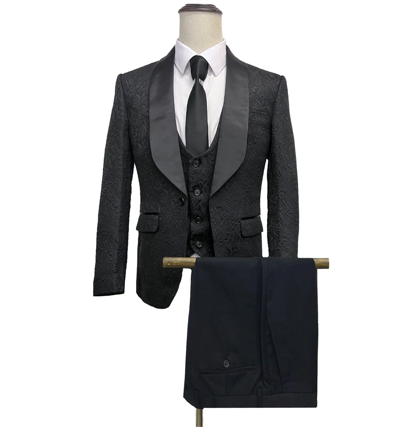 Vinci Vested Slim Fit Tuxedo Suit - Jacquard Black