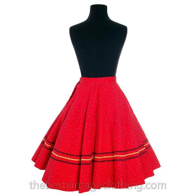 Vintage 1950s Circle Skirt Red Quilted Cotton Strawberry Mini Print Very Small Teens