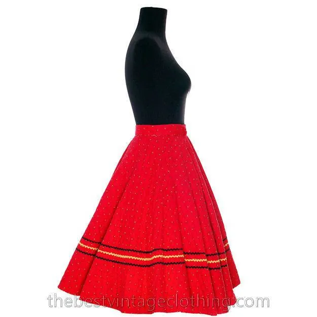 Vintage 1950s Circle Skirt Red Quilted Cotton Strawberry Mini Print Very Small Teens