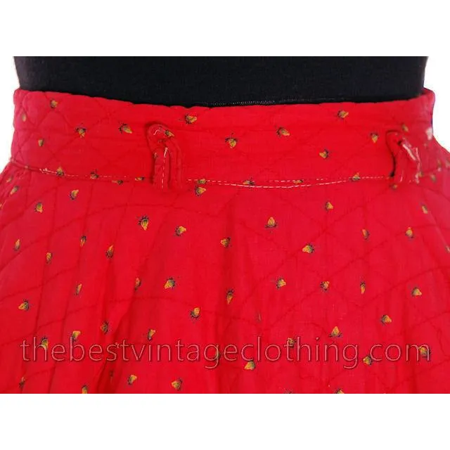 Vintage 1950s Circle Skirt Red Quilted Cotton Strawberry Mini Print Very Small Teens