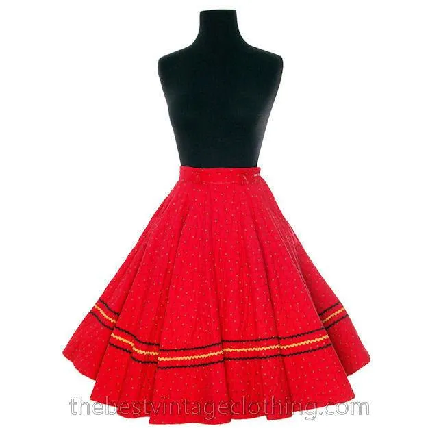 Vintage 1950s Circle Skirt Red Quilted Cotton Strawberry Mini Print Very Small Teens