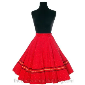 Vintage 1950s Circle Skirt Red Quilted Cotton Strawberry Mini Print Very Small Teens