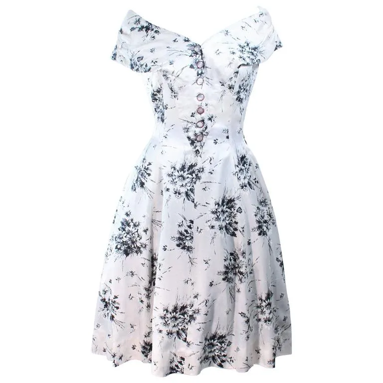 VINTAGE Circa 1950s Custom Black & White Silk Cocktail Dress Size 4