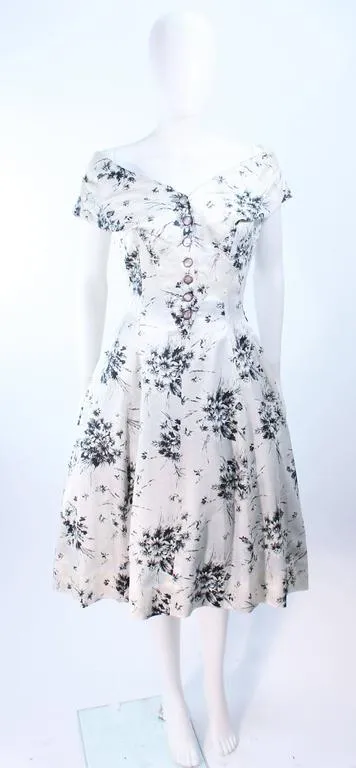 VINTAGE Circa 1950s Custom Black & White Silk Cocktail Dress Size 4