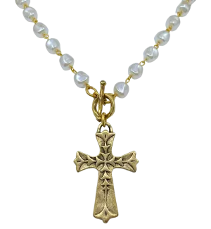 Vintage Pearl Gold Chain and Toggle with Vintage Gold Cross Pendant
