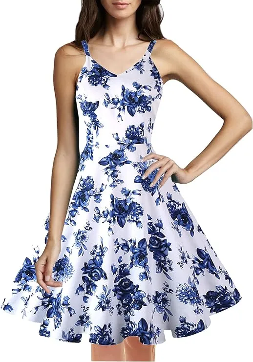 Vintage Spaghetti Strap Cocktail Swing Dresses with Pockets