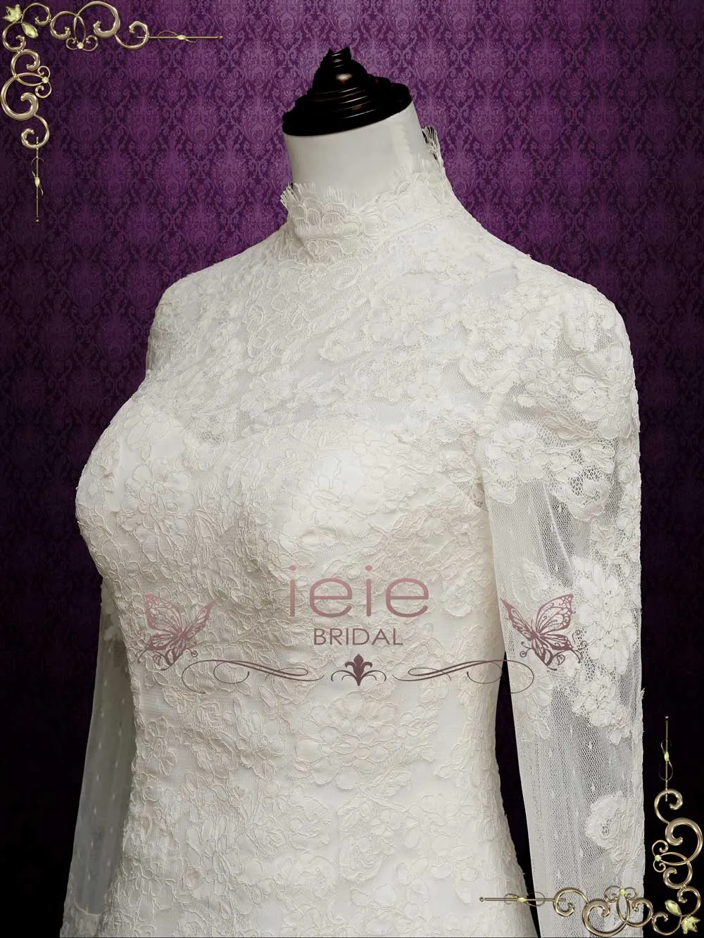 Vintage Style Lace Wedding Dress with High Neck CARMELA