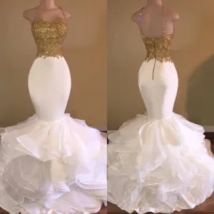 white evening dresses long mermaid gold lace appliqué spaghetti straps tiered evening gown formal dress