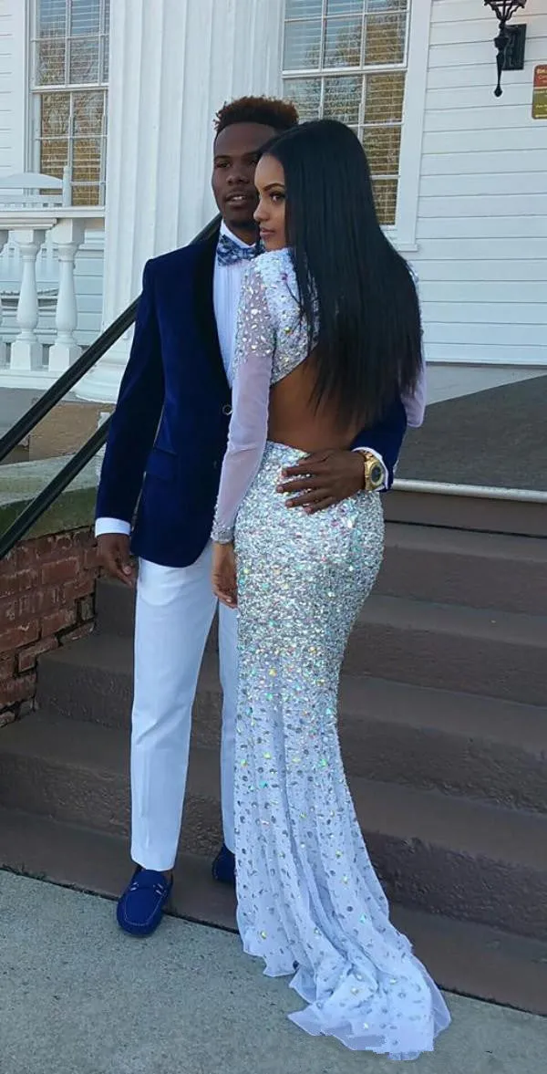 White Prom Dresses,Backless Prom Dress,Beading Evening Dress
