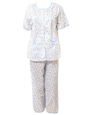 White Tiny Flower Printed 2 Pcs Pocket Nightdress For Girls Front Open