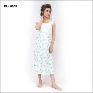 White With Blue Flower Print Flourish Night Gown - FL-0055