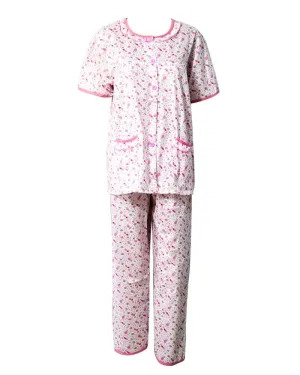 White With Pink Printed Nightwear Suit 2Pc -11.23 Women Nightdress