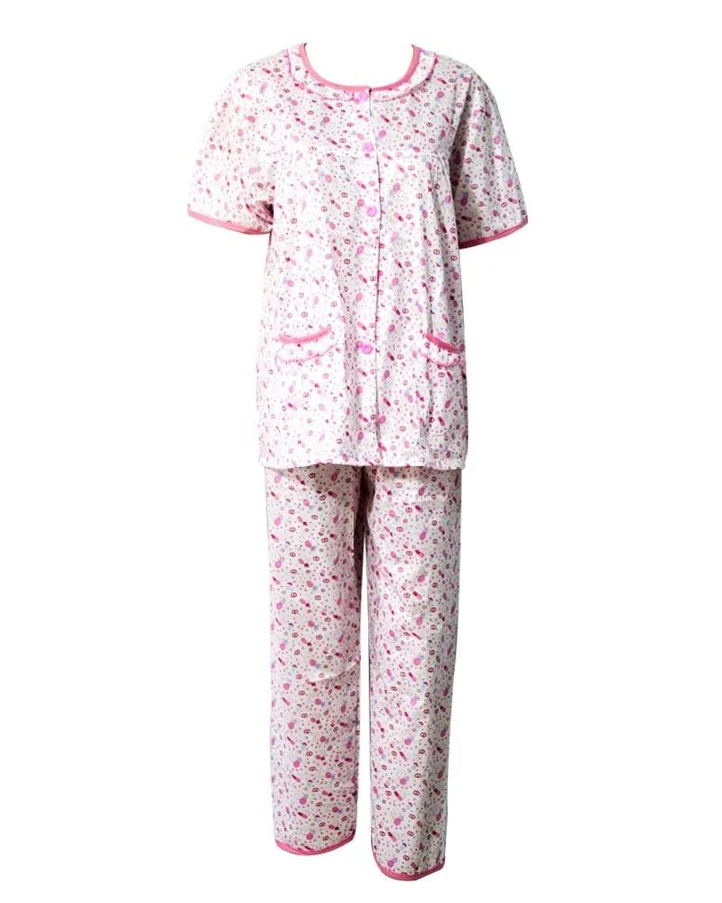 White With Pink Printed Nightwear Suit 2Pc -11.23 Women Nightdress