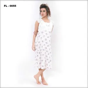 White With Purple Flower Print Flourish Women Nightdress - FL-0055