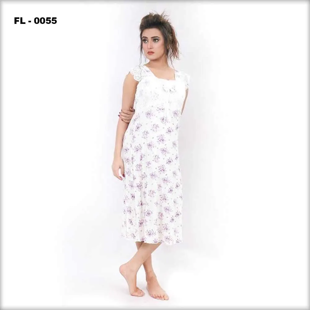 White With Purple Flower Print Flourish Women Nightdress - FL-0055