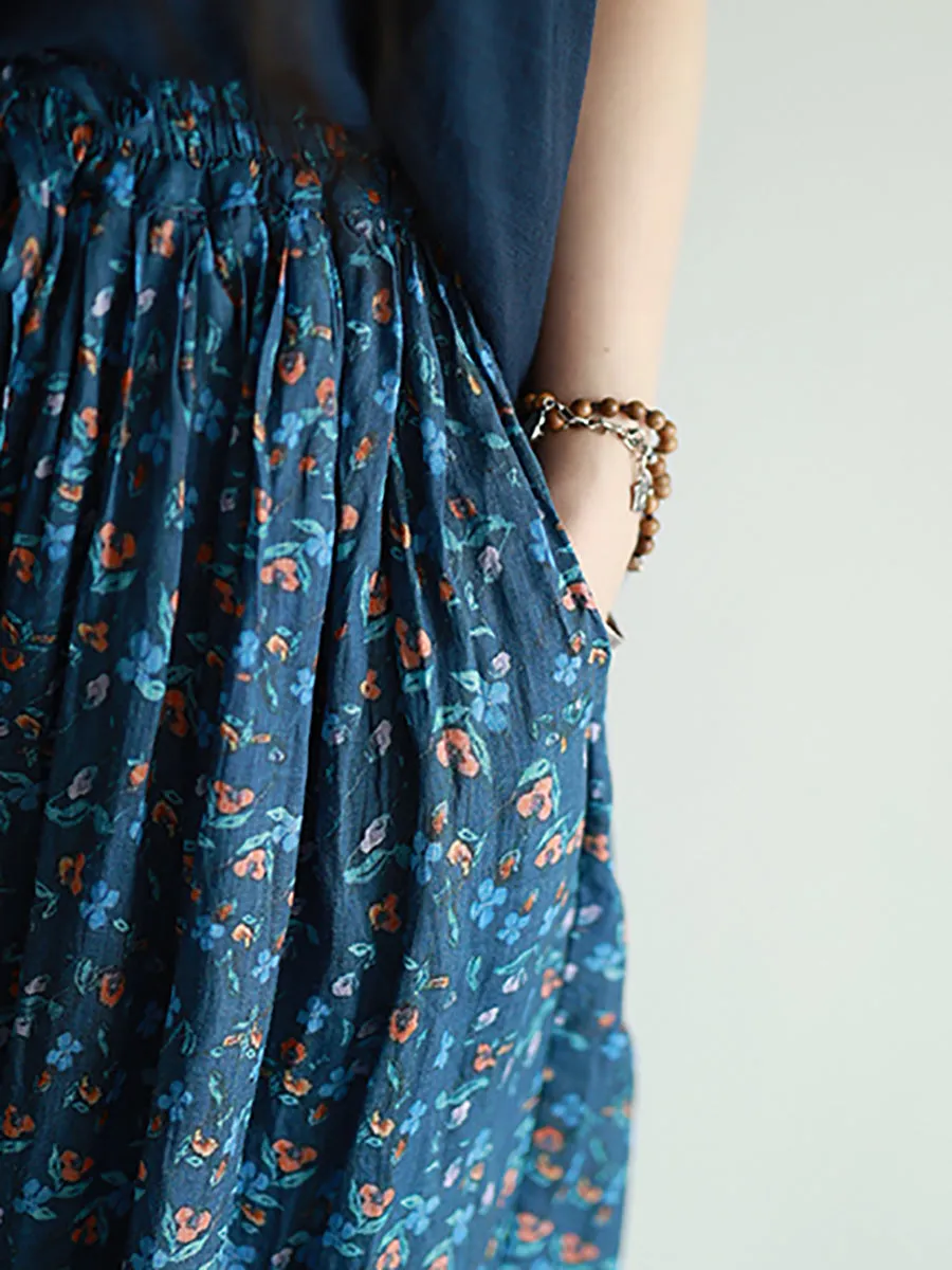 Women Spring Artsy Floral A-Shape Ramie Skirt