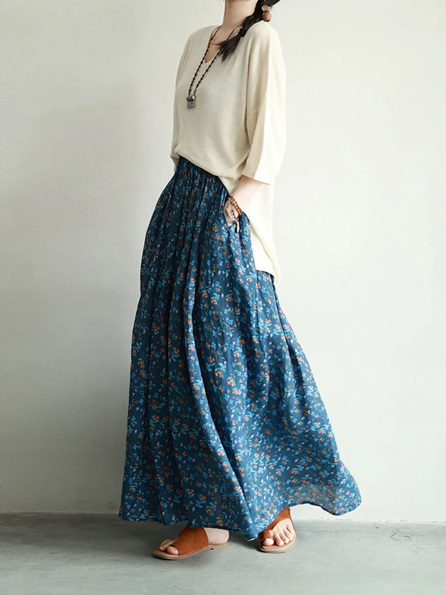 Women Spring Artsy Floral A-Shape Ramie Skirt